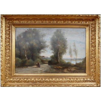 De Villers Adolphe Ecole Française Promenade Le Long De La Rivière Huile Sur Toile Signée