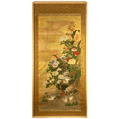 Large Framed Painting of Quail Among Peonies