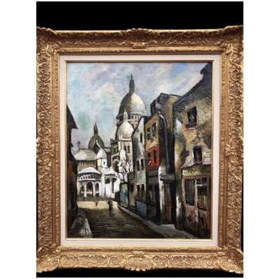 DUMONT Pierre Tableau 20ème siècle Paris Montmartre le Sacré Coeur vue de la rue du Chevalier de la Barre Peinture Huile sur toile signée