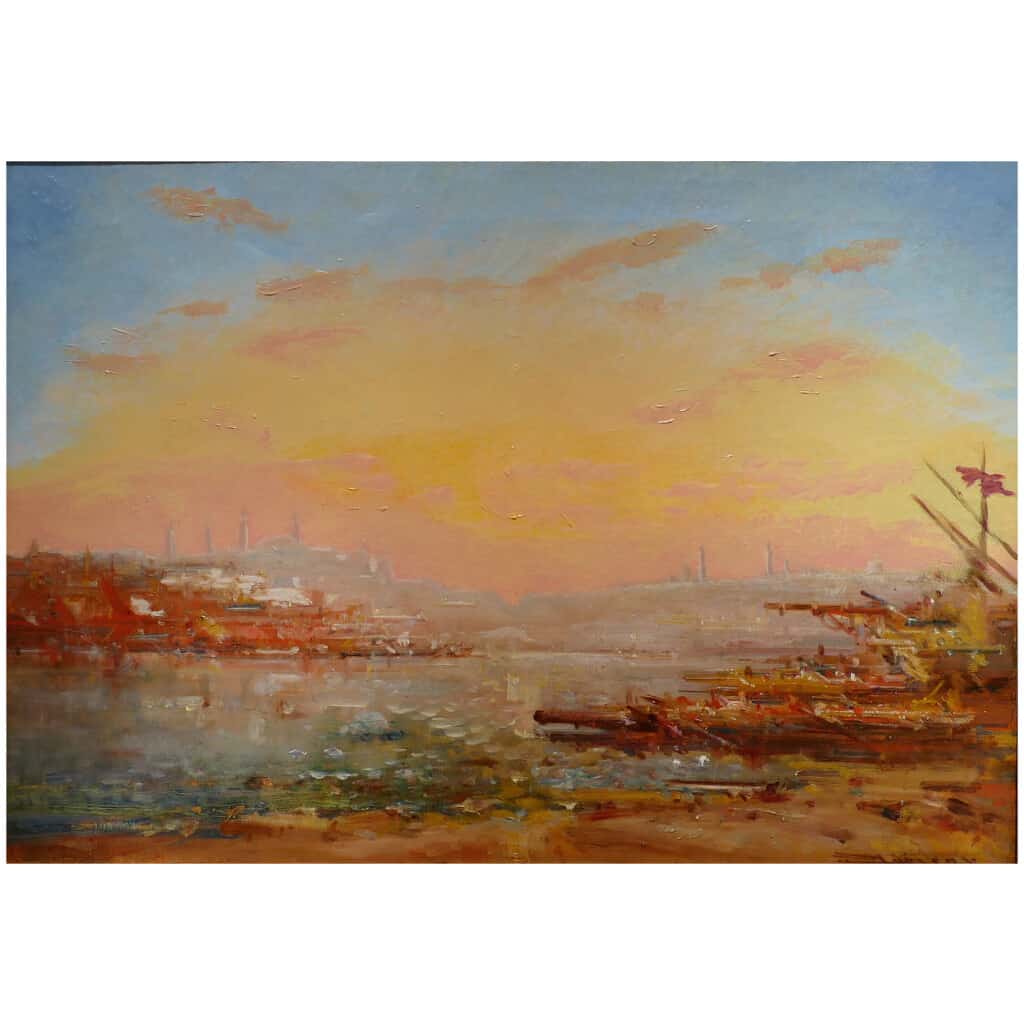 DUVIEUX Henri French School Orientalist painting 19th century Sunny view of Constantinople Oil on canvas signed 4