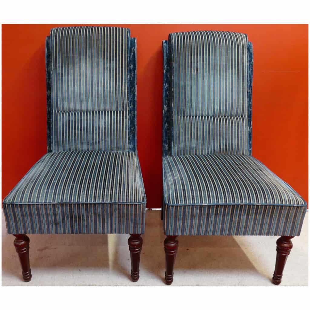 Pair of blue striped velvet lacrosse chairs 3