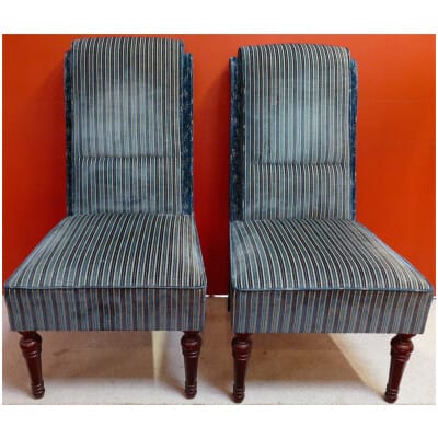 Pair of blue striped velvet lacrosse chairs