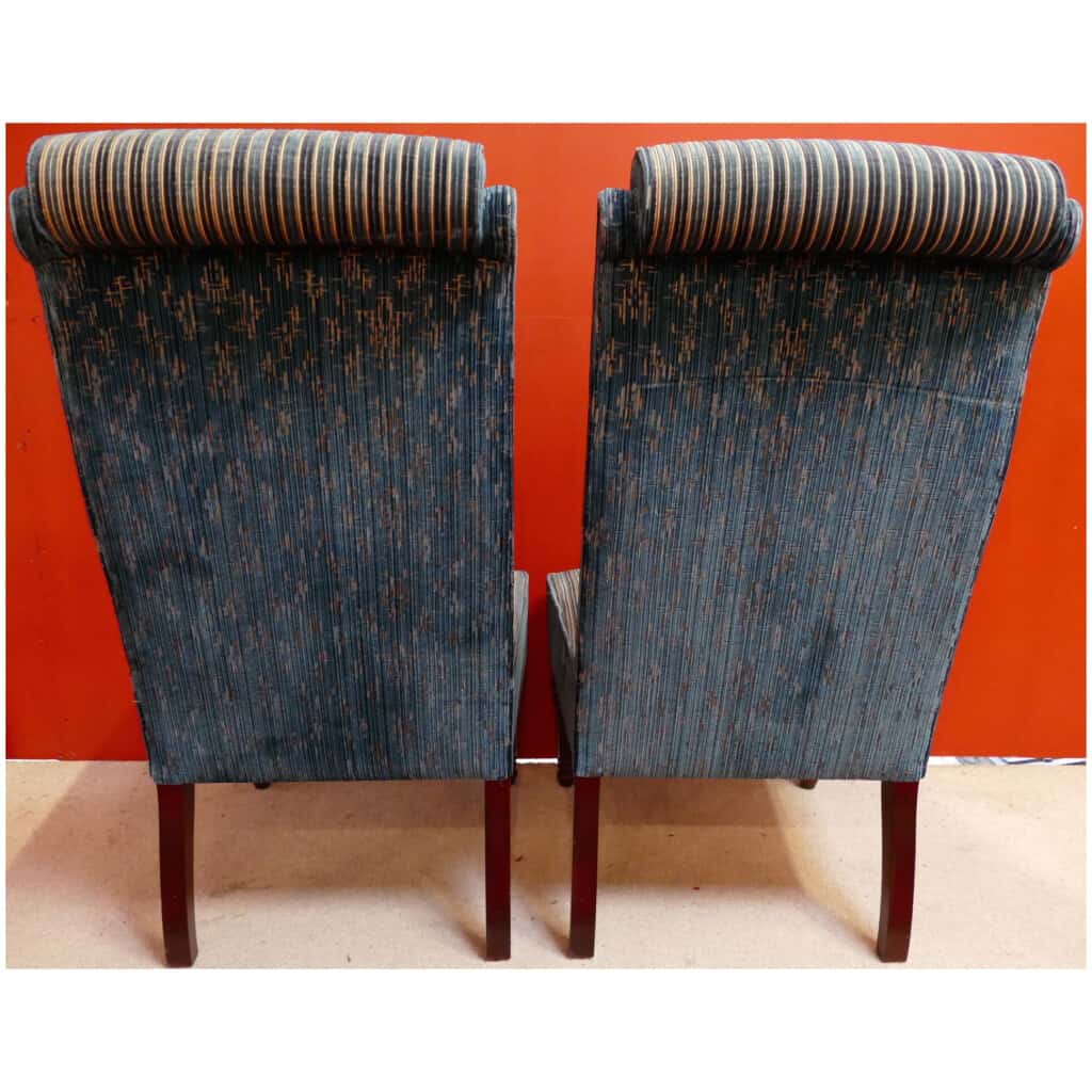 Paire de chaises à dossier crosse en velours rayé bleu 5