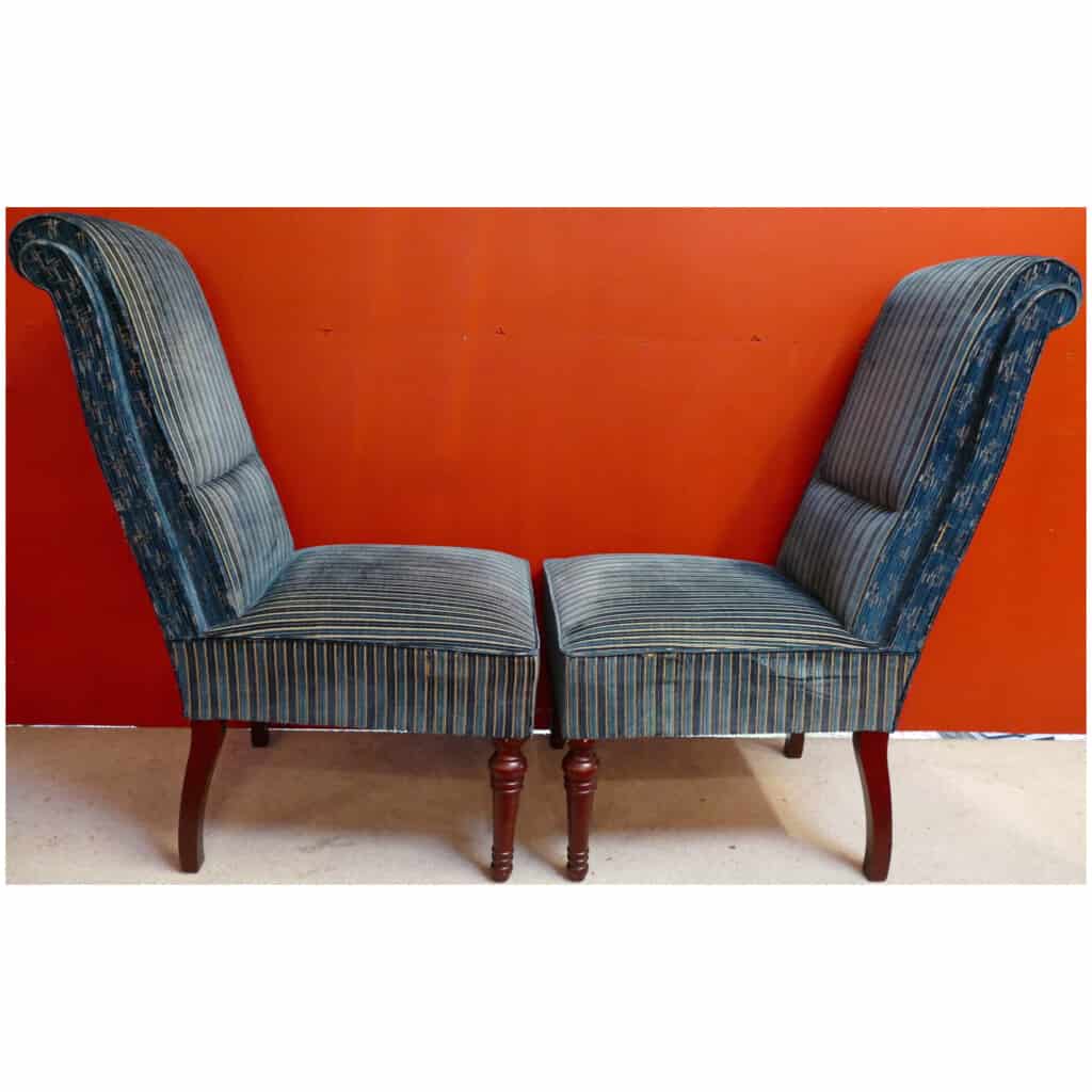 Pair of blue striped velvet lacrosse chairs 4