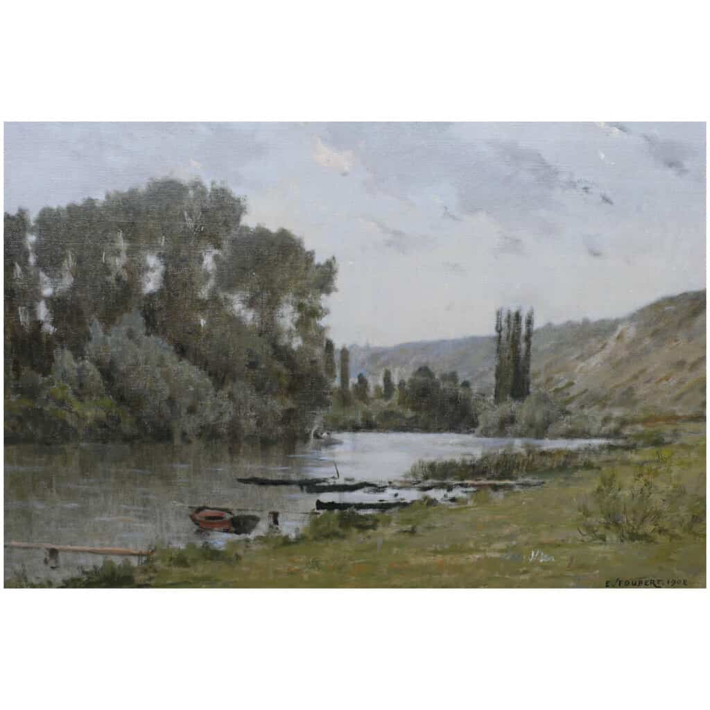 FOUBERT Emile French Painting 20th Century Barbizon School The Seine In Vetheuil Oil Signed 9