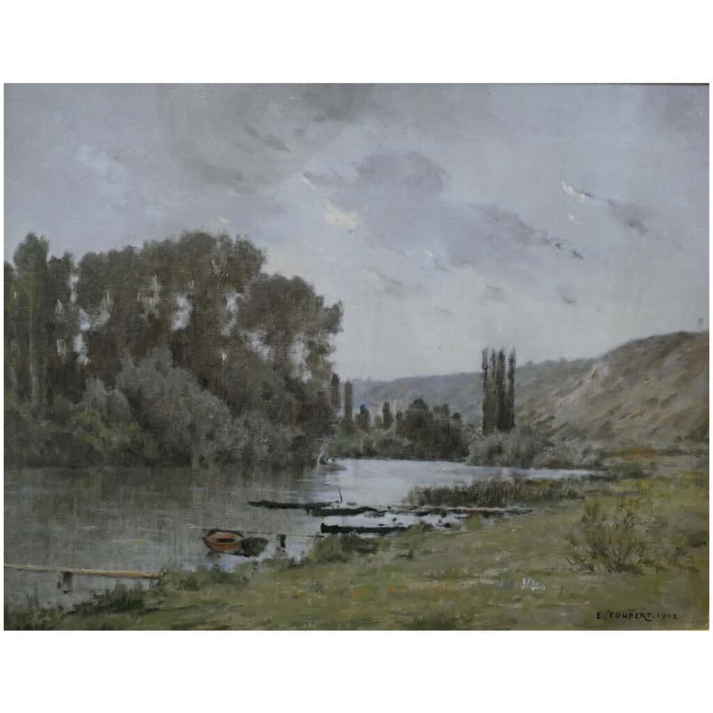FOUBERT Emile French Painting 20th Century Barbizon School The Seine In Vetheuil Oil Signed 8