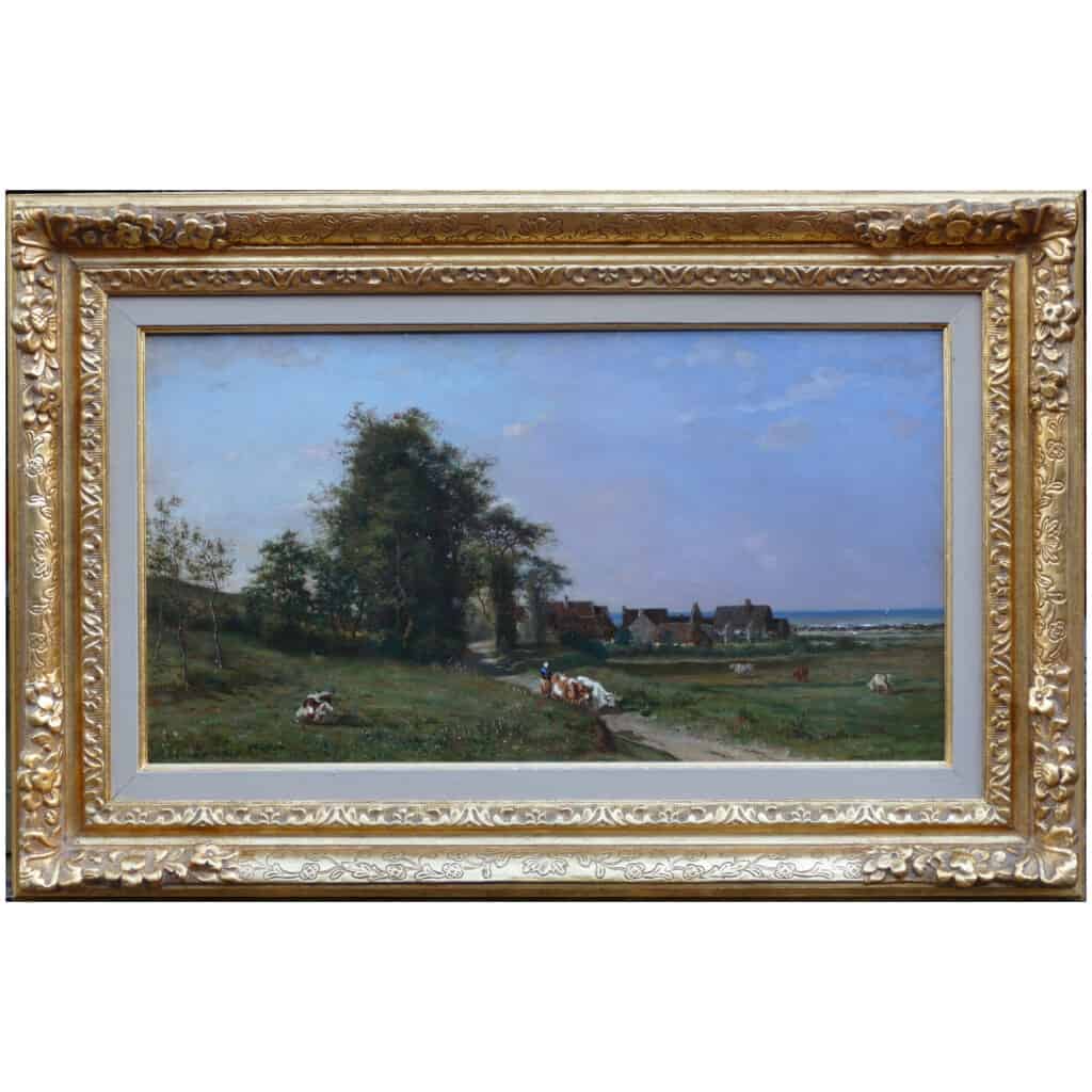 GUILLEMER Ernest French Painting XIXth century Barbizon School Herd on the way Oil on panel signed 3