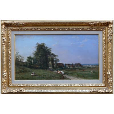 GUILLEMER Ernest Peinture Française XIXème siècle Ecole de Barbizon Troupeau sur le chemin Huile sur panneau signée 3