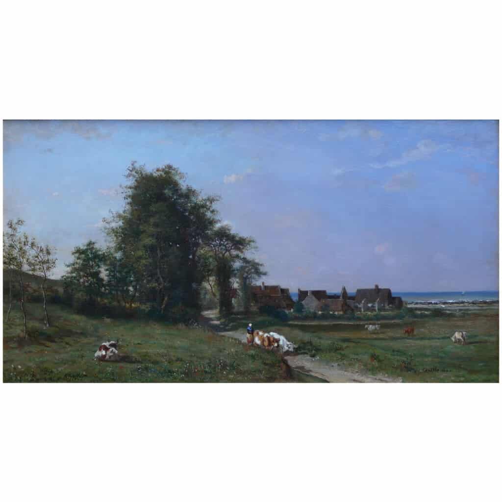 GUILLEMER Ernest Peinture Française XIXème siècle Ecole de Barbizon Troupeau sur le chemin Huile sur panneau signée 9