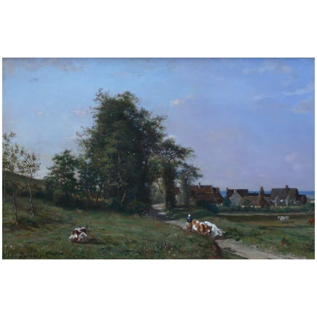 GUILLEMER Ernest Peinture Française XIXème siècle Ecole de Barbizon Troupeau sur le chemin Huile sur panneau signée 8