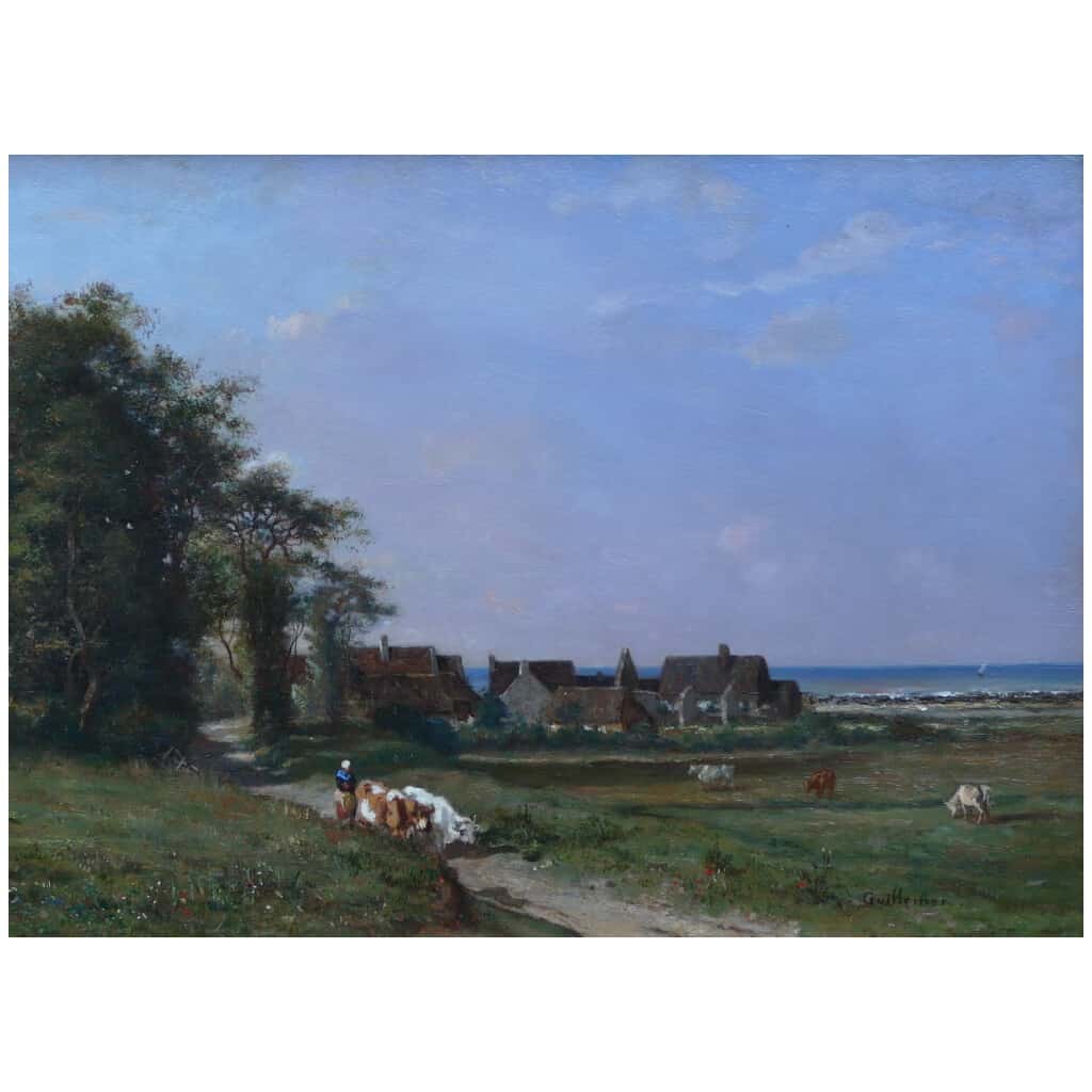 GUILLEMER Ernest Peinture Française XIXème siècle Ecole de Barbizon Troupeau sur le chemin Huile sur panneau signée 7