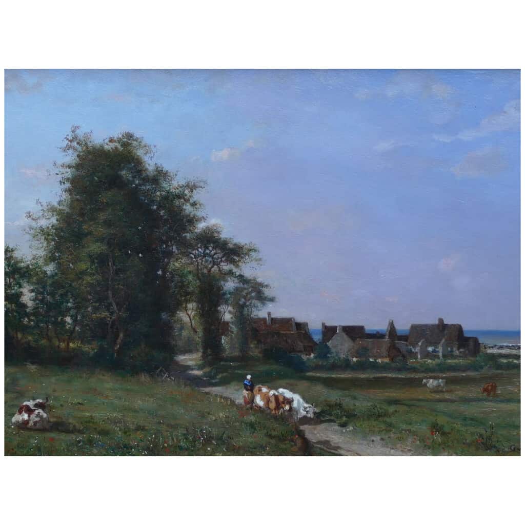 GUILLEMER Ernest Peinture Française XIXème siècle Ecole de Barbizon Troupeau sur le chemin Huile sur panneau signée 6