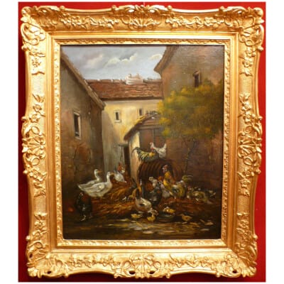 GUILLEMINET Claude 19th century painting Barbizon school The awakening of the farmyard Oil on canvas signed