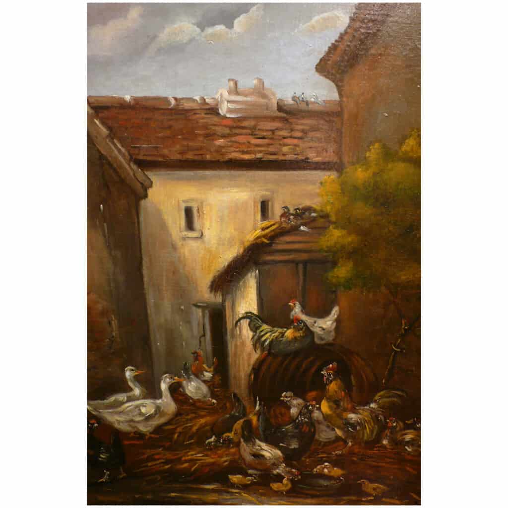 GUILLEMINET Claude 19th century painting Barbizon school The awakening of the farmyard Oil on canvas signed 5