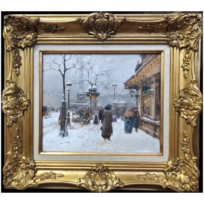 GALIEN LALOUE Eugène painting early 20th century View of Paris Animation Place de la Bastille Gouache signed