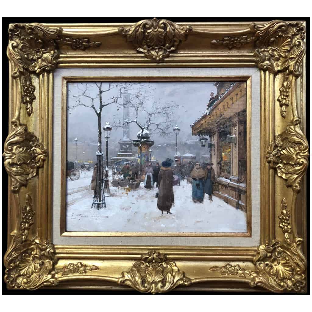GALIEN LALOUE Eugène painting early 20th century View of Paris Animation Place de la Bastille Gouache signed 12
