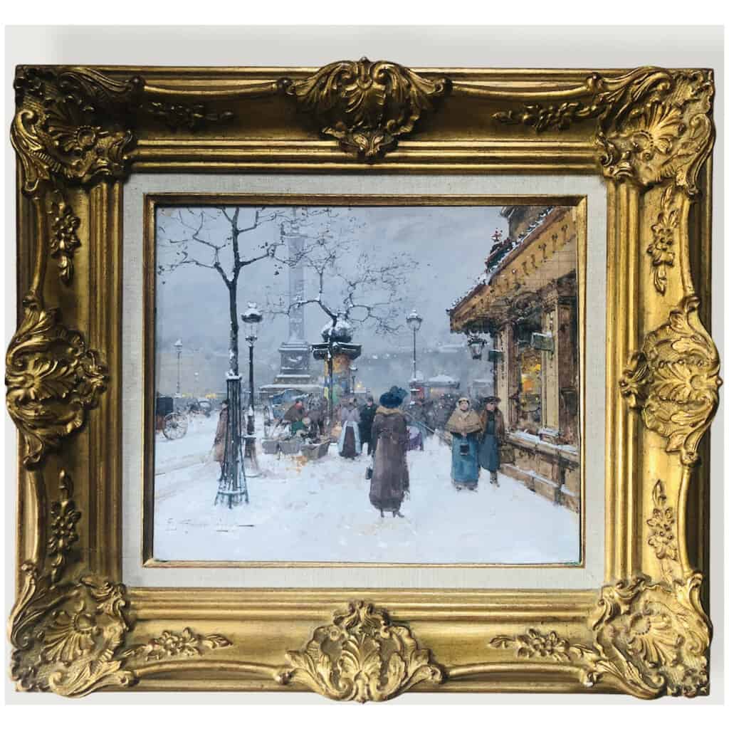 GALIEN LALOUE Eugène tableau début 20ème siècle Vue de Paris Animation Place de la Bastille Gouache signée 5