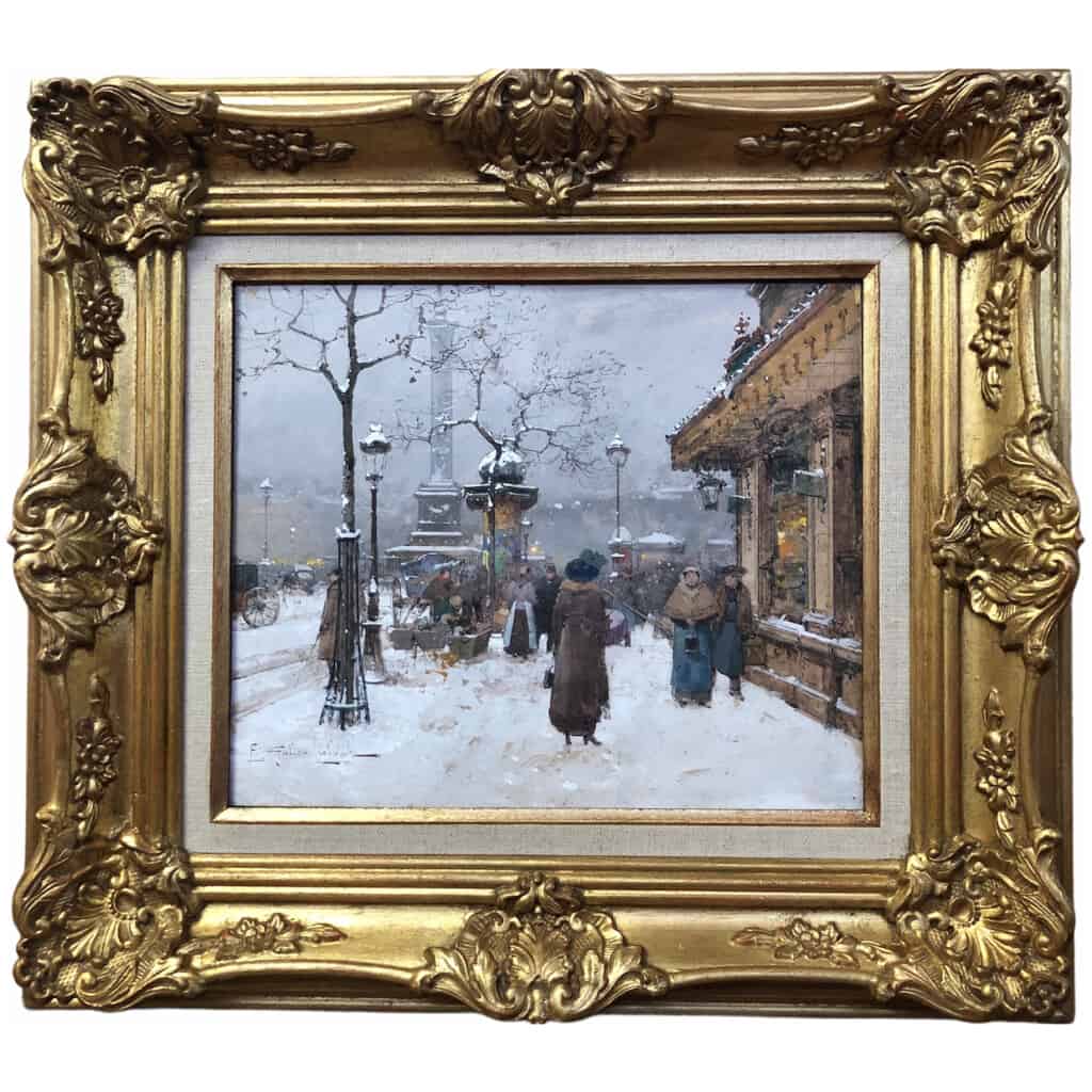 GALIEN LALOUE Eugène painting early 20th century View of Paris Animation Place de la Bastille Gouache signed 11