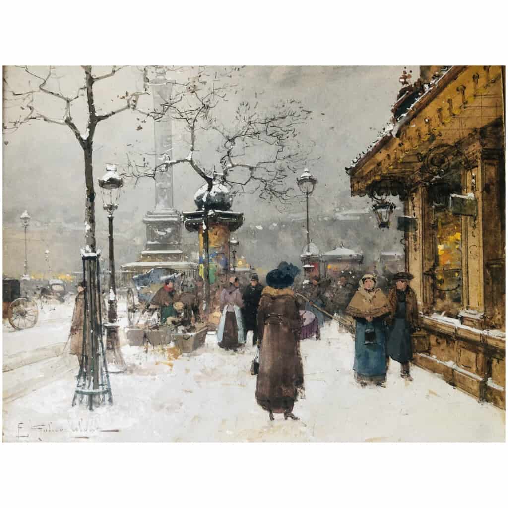 GALIEN LALOUE Eugène painting early 20th century View of Paris Animation Place de la Bastille Gouache signed 10