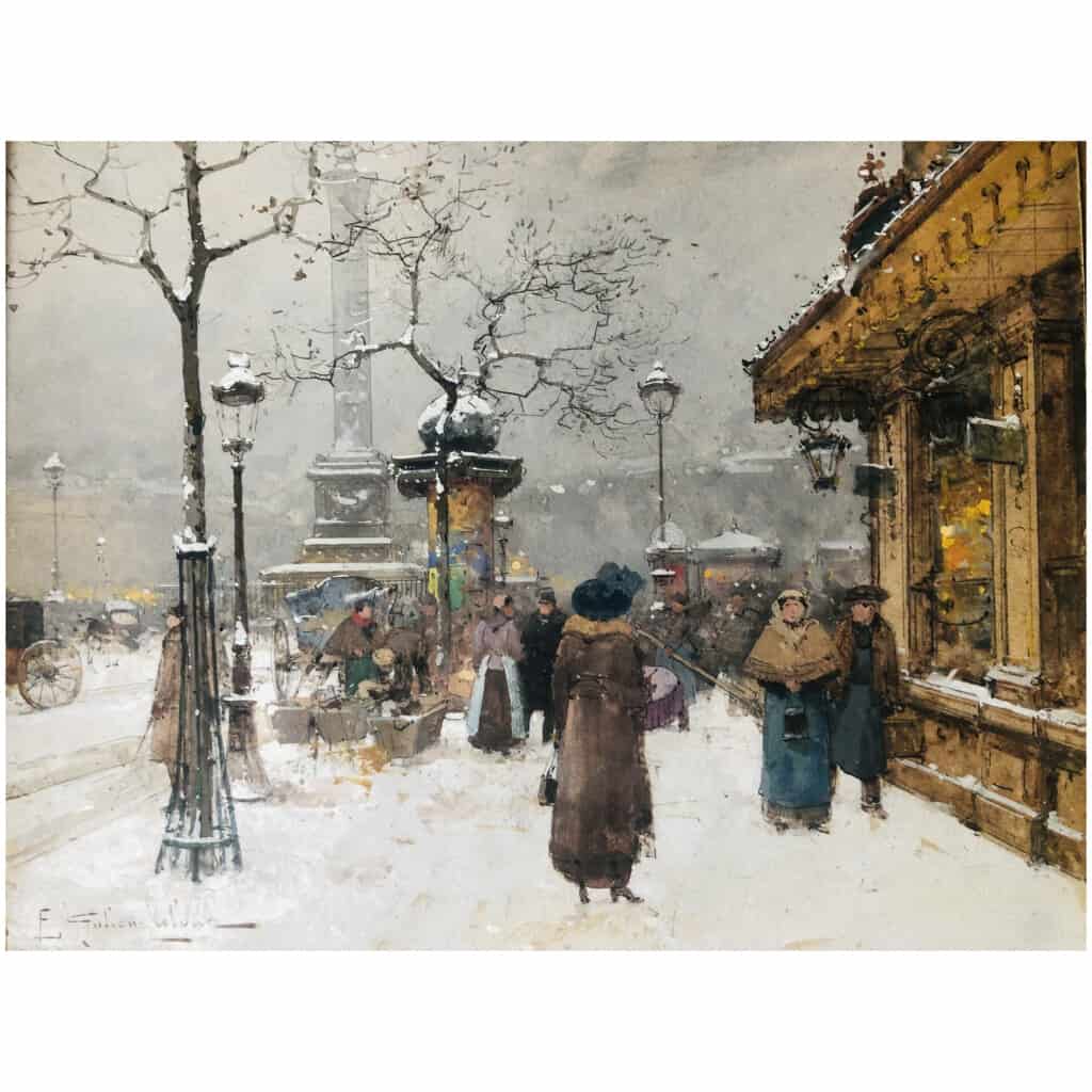 GALIEN LALOUE Eugène tableau début 20ème siècle Vue de Paris Animation Place de la Bastille Gouache signée 10