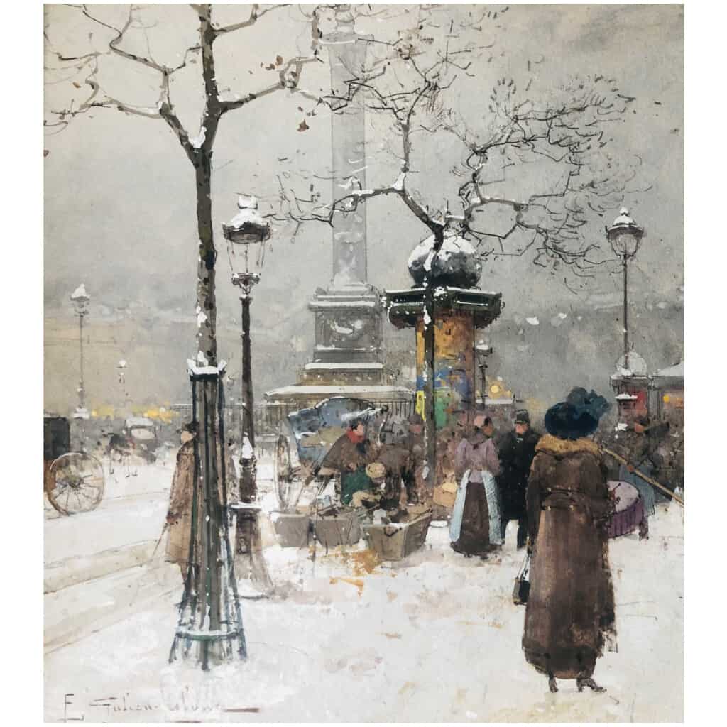 GALIEN LALOUE Eugène painting early 20th century View of Paris Animation Place de la Bastille Gouache signed 9