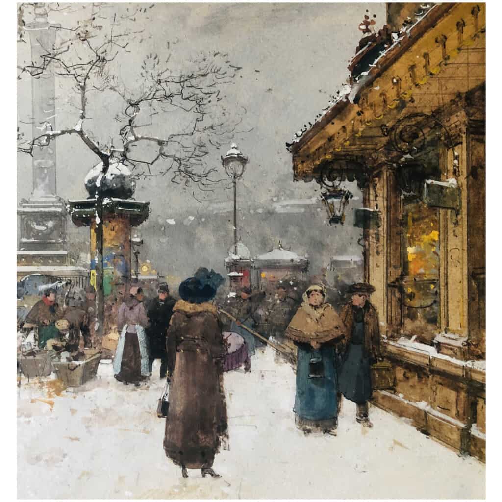 GALIEN LALOUE Eugène tableau début 20ème siècle Vue de Paris Animation Place de la Bastille Gouache signée 8