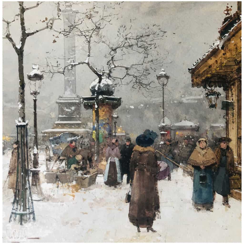 GALIEN LALOUE Eugène painting early 20th century View of Paris Animation Place de la Bastille Gouache signed 7