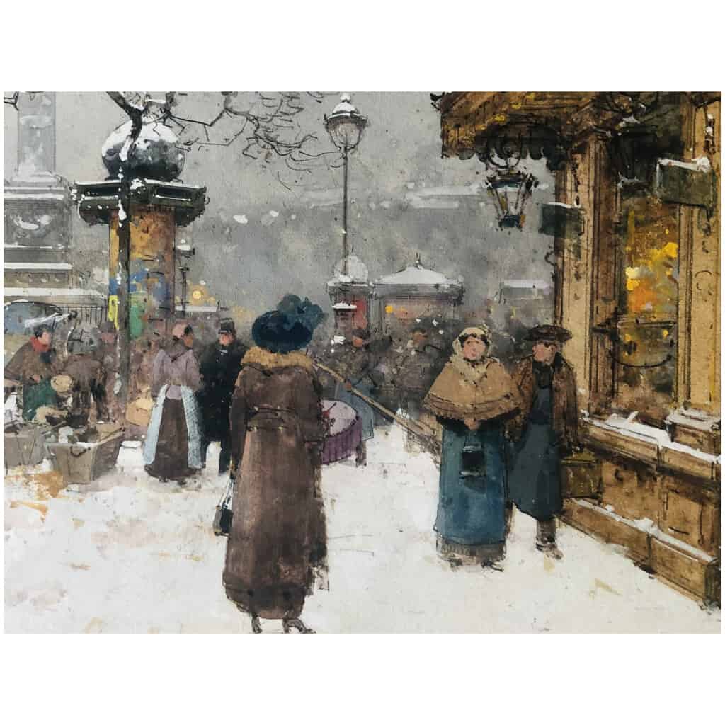 GALIEN LALOUE Eugène tableau début 20ème siècle Vue de Paris Animation Place de la Bastille Gouache signée 6