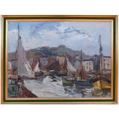 HERBO Fernand Peinture Française XXème siècle Vue de Normandie Honfleur et son port Huile sur toile signée 3