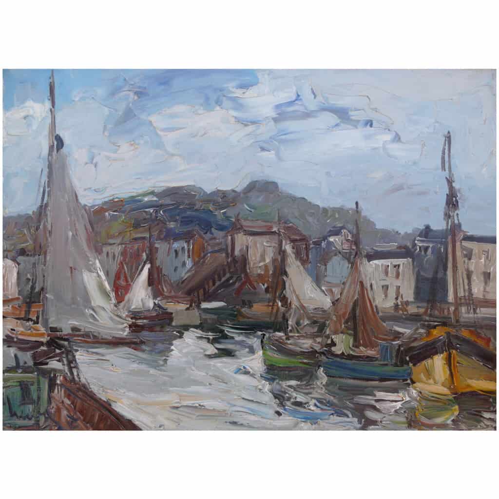 HERBO Fernand Peinture Française XXème siècle Vue de Normandie Honfleur et son port Huile sur toile signée 5