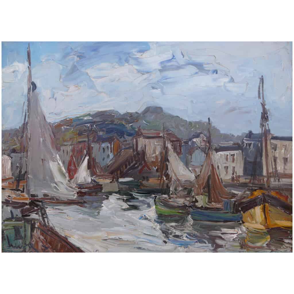 HERBO Fernand Peinture Française XXème siècle Vue de Normandie Honfleur et son port Huile sur toile signée 11