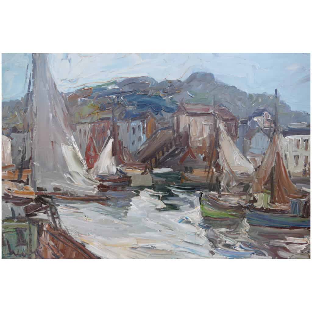 HERBO Fernand Peinture Française XXème siècle Vue de Normandie Honfleur et son port Huile sur toile signée 13