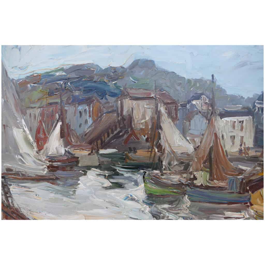 HERBO Fernand Peinture Française XXème siècle Vue de Normandie Honfleur et son port Huile sur toile signée 9