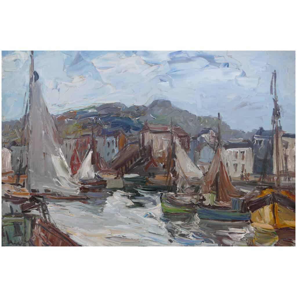 HERBO Fernand Peinture Française XXème siècle Vue de Normandie Honfleur et son port Huile sur toile signée 6