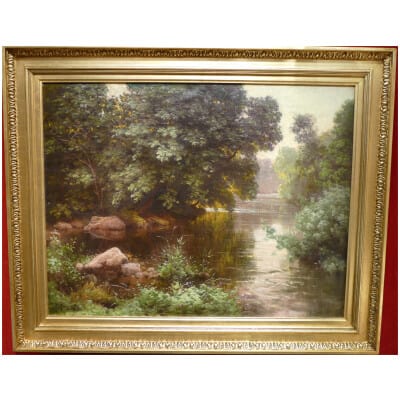 HIS René Peinture Française Début XXème Siècle Rivière En Sous Bois Huile Sur Toile Signée