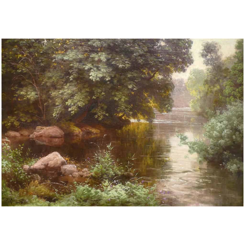 HIS René Peinture Française Début XXème Siècle Rivière En Sous Bois Huile Sur Toile Signée 6