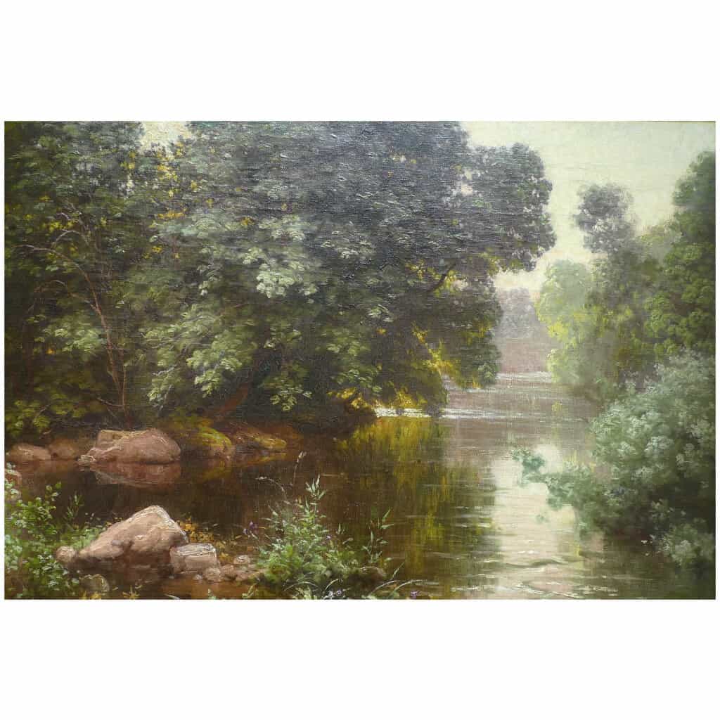 HIS René Peinture Française Début XXème Siècle Rivière En Sous Bois Huile Sur Toile Signée 12