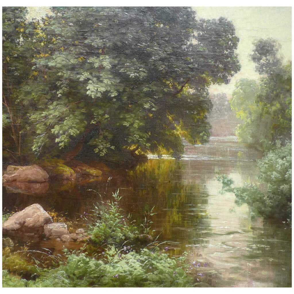 HIS René Peinture Française Début XXème Siècle Rivière En Sous Bois Huile Sur Toile Signée 9