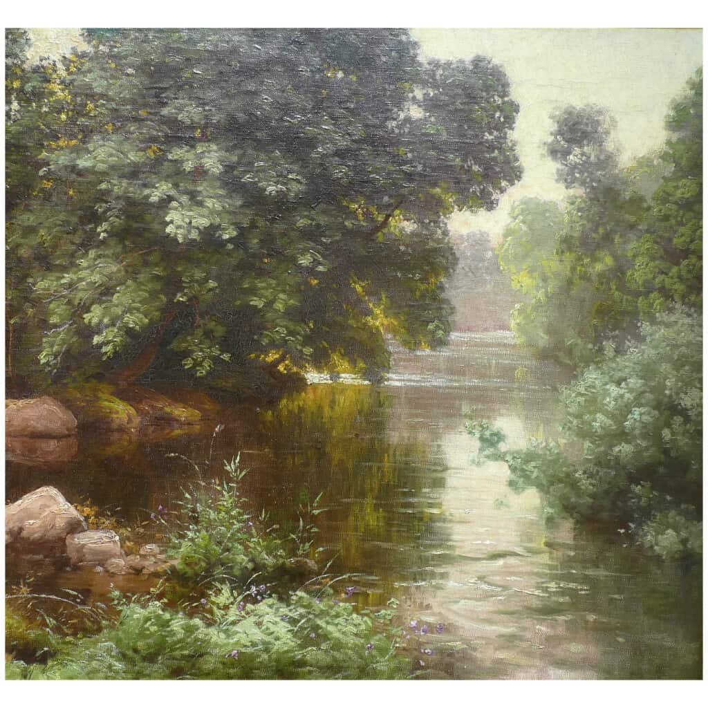 HIS René Peinture Française Début XXème Siècle Rivière En Sous Bois Huile Sur Toile Signée 8