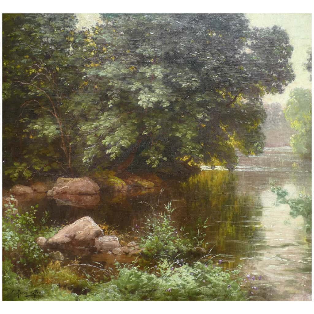 HIS René Peinture Française Début XXème Siècle Rivière En Sous Bois Huile Sur Toile Signée 7