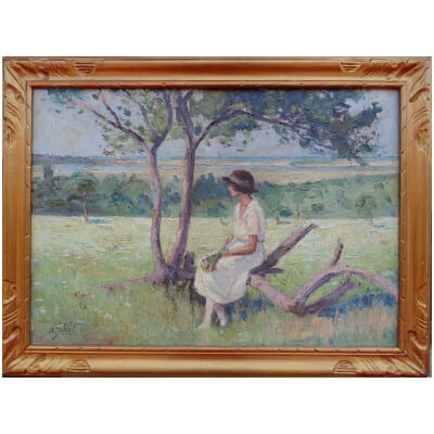 Pierre DUMONT ( JALLOT ) Peinture 20è Jeune femme assise Huile sur toile signée