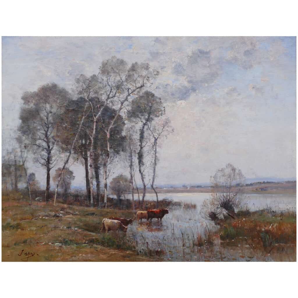 JAPY Louis Aimé Ecole Française Peinture 19ème Siècle Ecole de Barbizon Huile Sur Toile signée Vaches à la mare 8