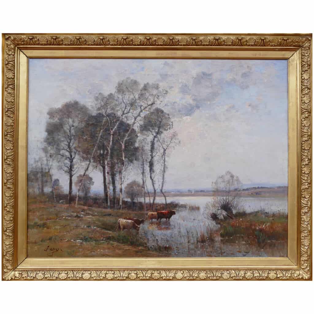 JAPY Louis Aimé Ecole Française Peinture 19ème Siècle Ecole de Barbizon Huile Sur Toile signée Vaches à la mare 7