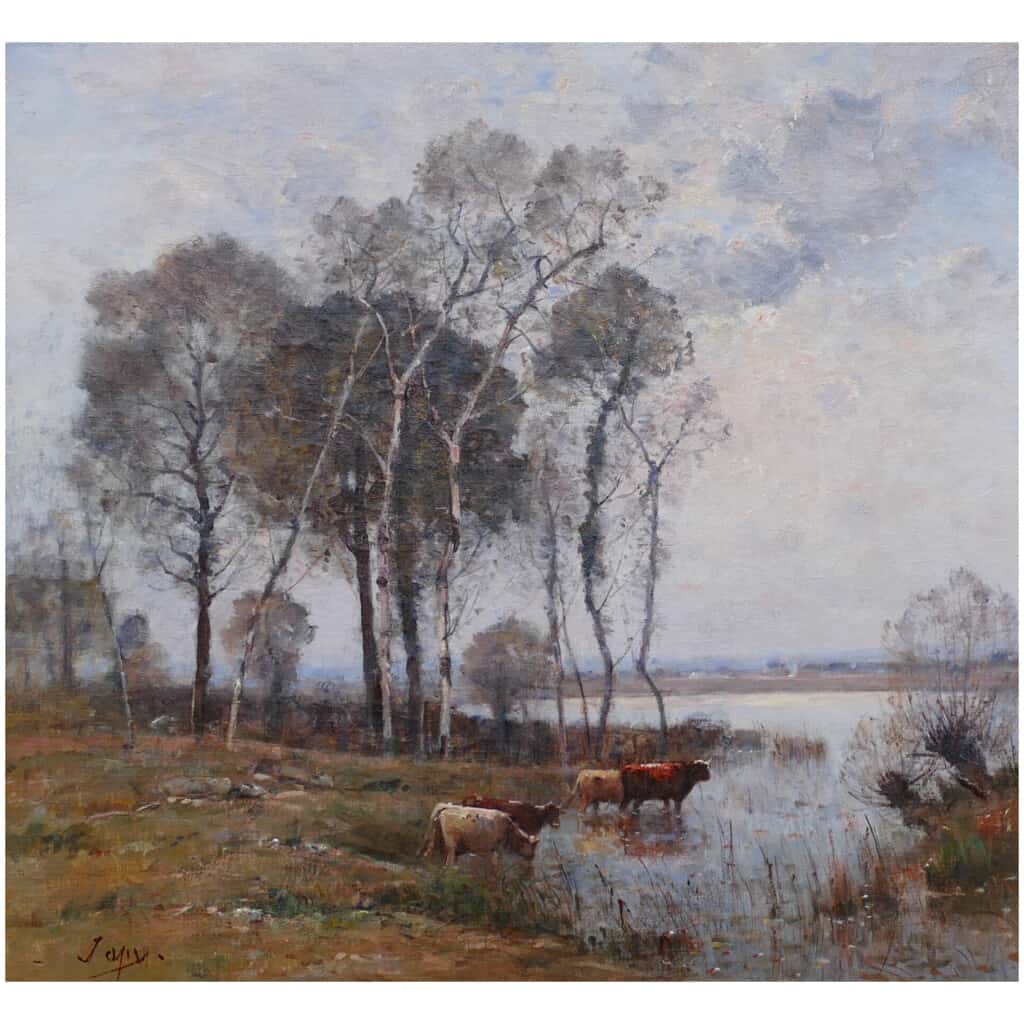 JAPY Louis Aimé French School Painting 19th Century Barbizon School Oil On Canvas signed Vaches à la mare 6