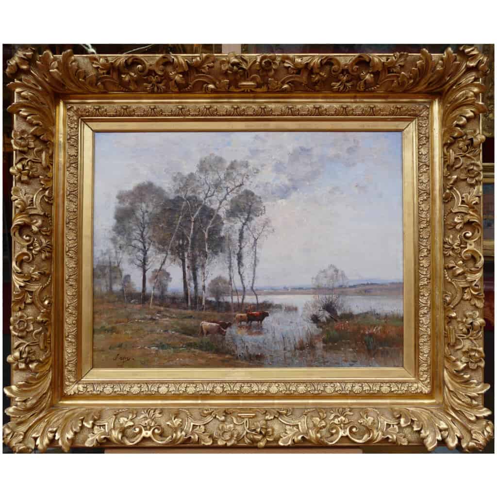 JAPY Louis Aimé French School Painting 19th Century Barbizon School Oil On Canvas signed Vaches à la mare 3