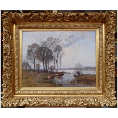 JAPY Louis Aimé French School 19th Century Painting Barbizon School Oil On Canvas signed Cows in the pond