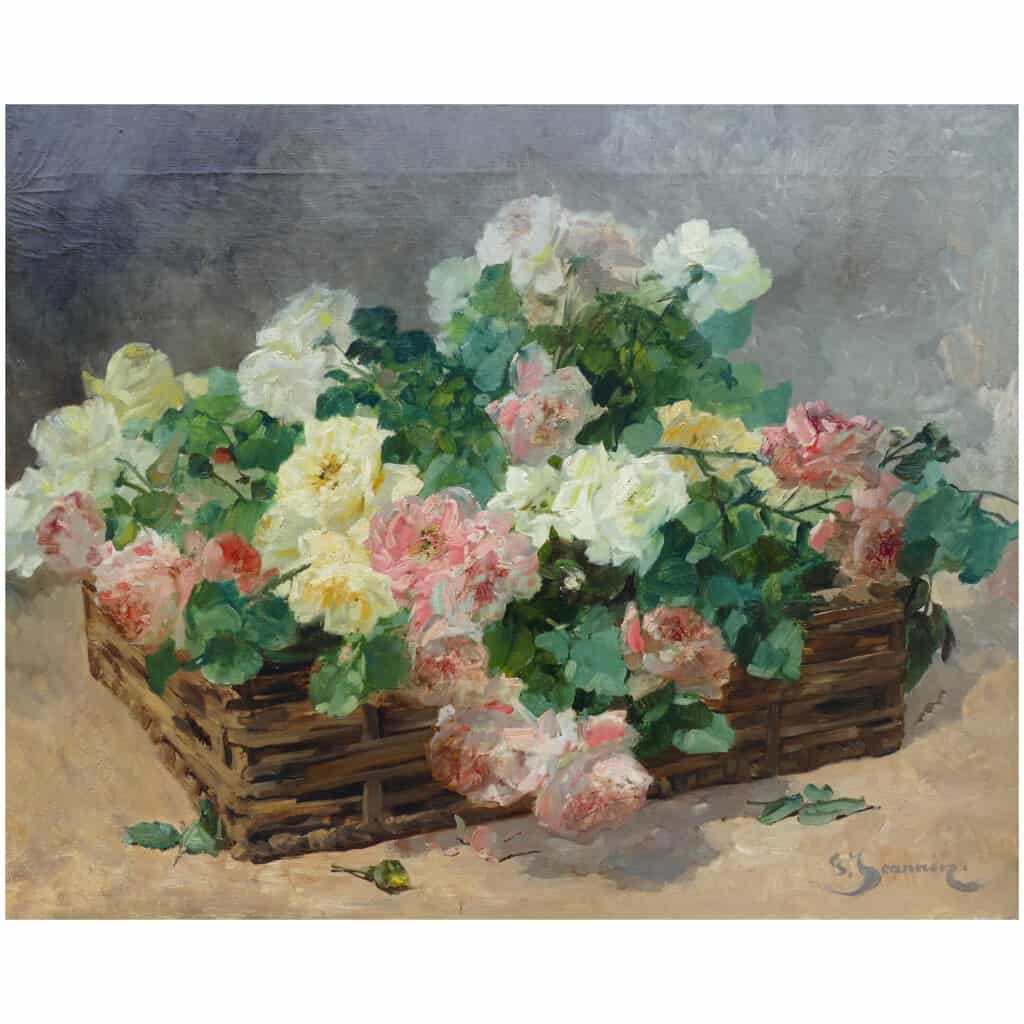 JEANNIN Georges French painting 19th century Basket of roses Oil on canvas signed 8