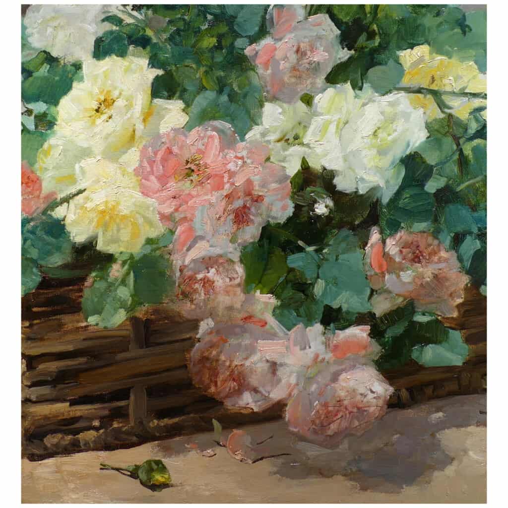 JEANNIN Georges French painting 19th century Basket of roses Oil on canvas signed 7