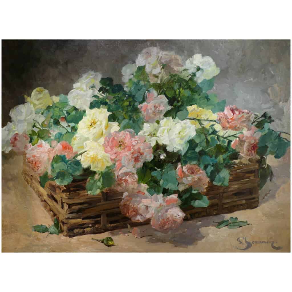 JEANNIN Georges French painting 19th century Basket of roses Oil on canvas signed 6