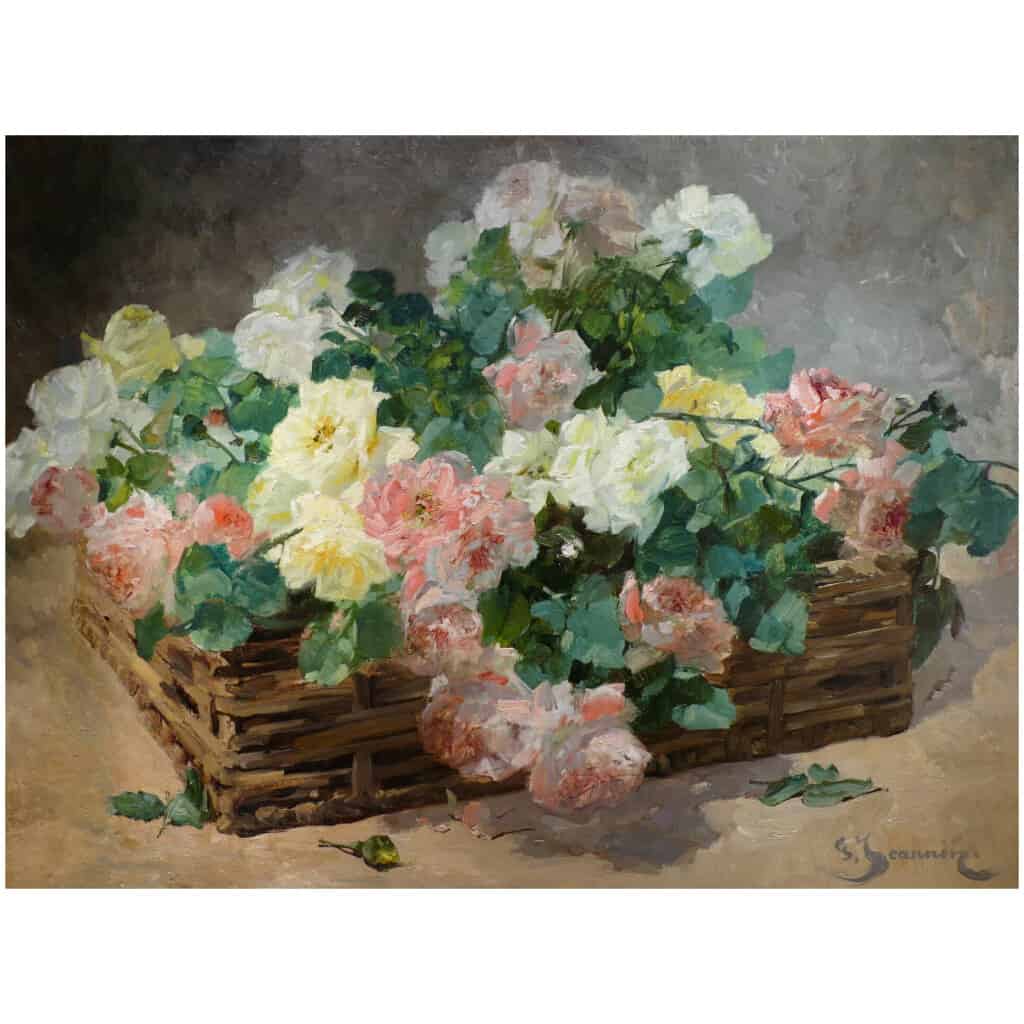 JEANNIN Georges French painting 19th century Basket of roses Oil on canvas signed 5